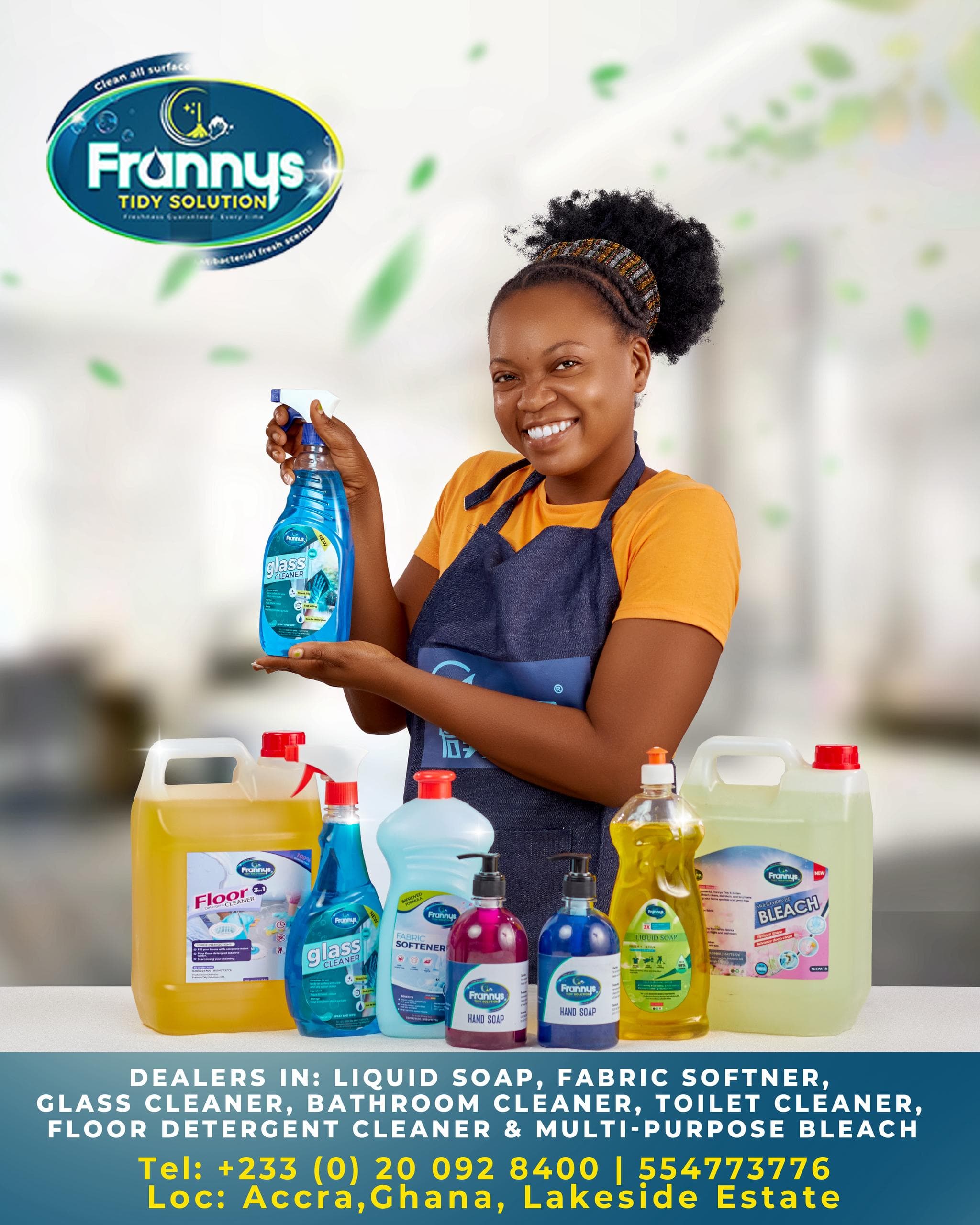 Frannys team member showcasing branded cleaning products